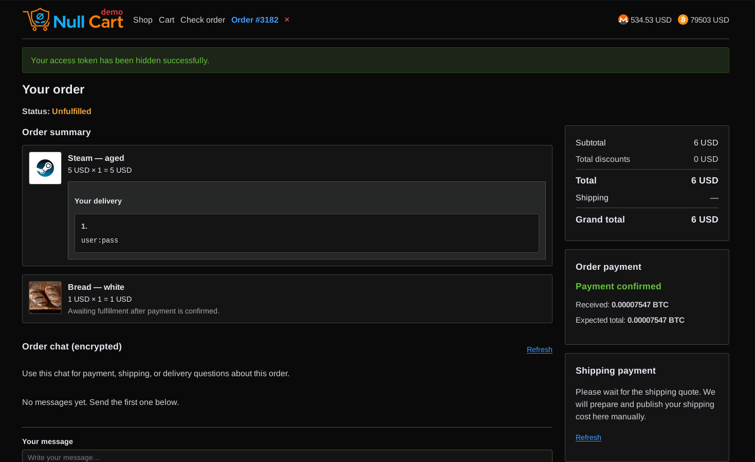 Order page with encrypted chat